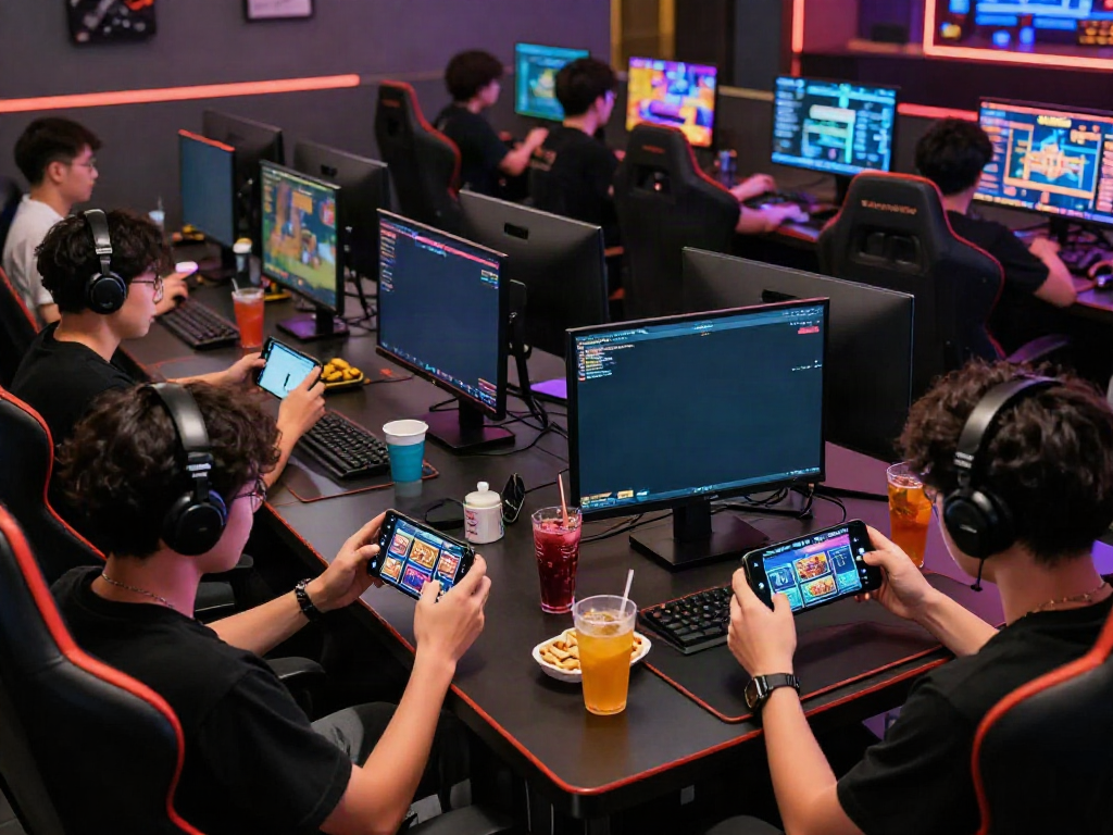 Players enjoying QQMacan slot games on mobile and screens in a vibrant gaming café.