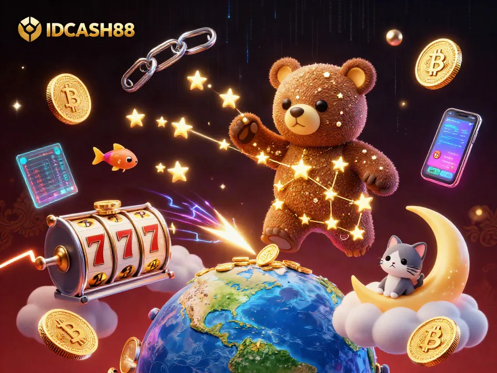 Spin to win at IDCASH88 with a vibrant 3D illustration showcasing a constellation bear, slot reels, and crypto coins.