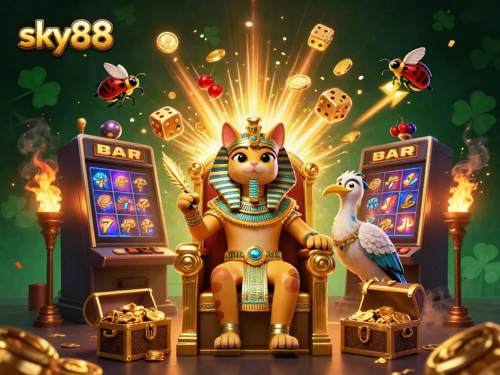Engage with thrilling sky88 slots in this dynamic 3D illustration featuring vibrant jackpots and classic casino elements.