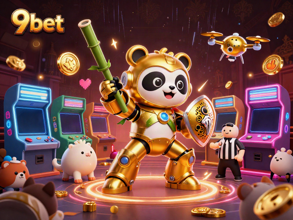 Experience thrilling gaming action with 9bet's dynamic scene featuring vibrant characters and immersive casino elements.