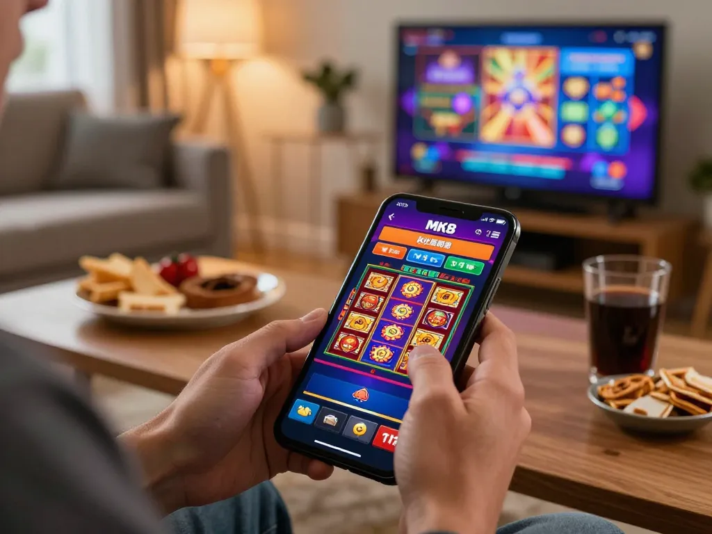 Engaging with MK8 gaming app in a cozy home setting, showcasing vibrant online casino action.