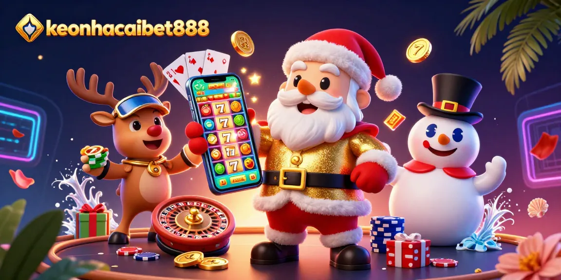 Engage with keonhacaibet888 as Santa plays jackpot slots amidst casino excitement.