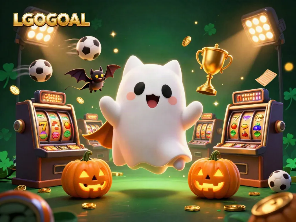 Experience the thrill of LGOGOAL with a ghost cat gambling amid slot machines and glowing jack-o-lanterns.