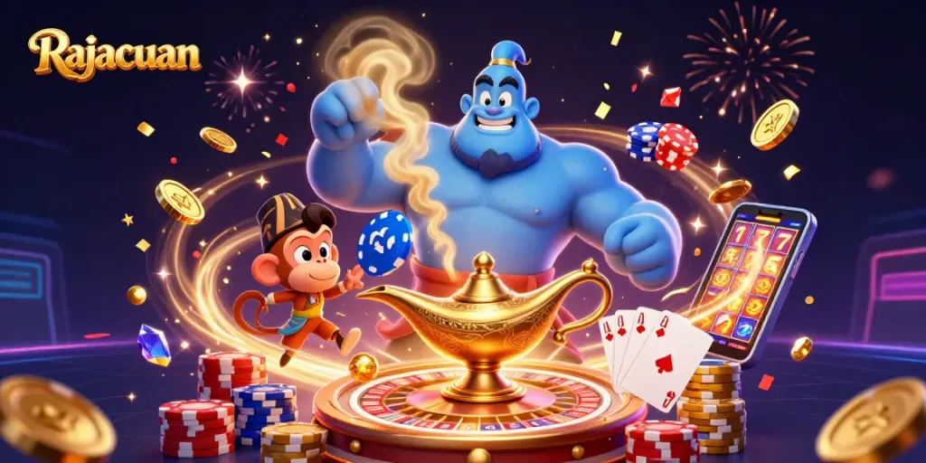 Win big with Rajacuan at the vibrant online casino featuring a Genie, poker chips, and golden rewards!