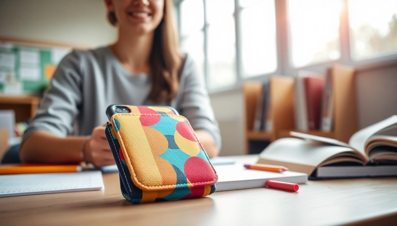 Handytasche Klassenzimmer in lebhafter Lernumgebung mit Smartphone und Schulsachen.
