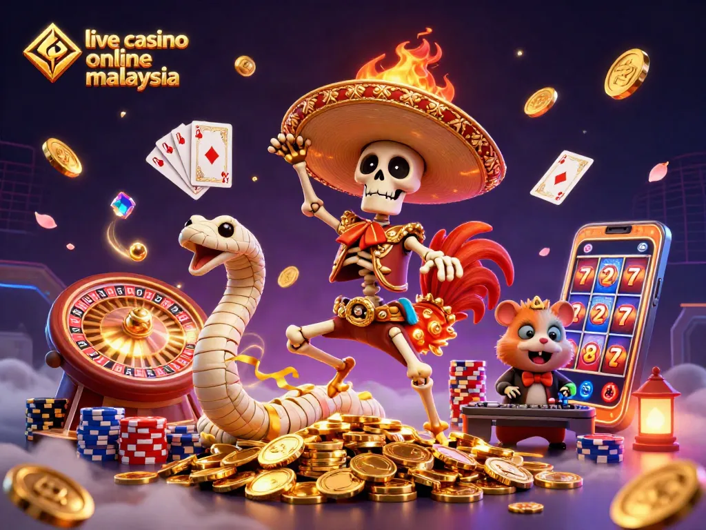 Exciting live casino online malaysia scene featuring a dancing skeleton rooster, mummy snake, and DJ hamster.