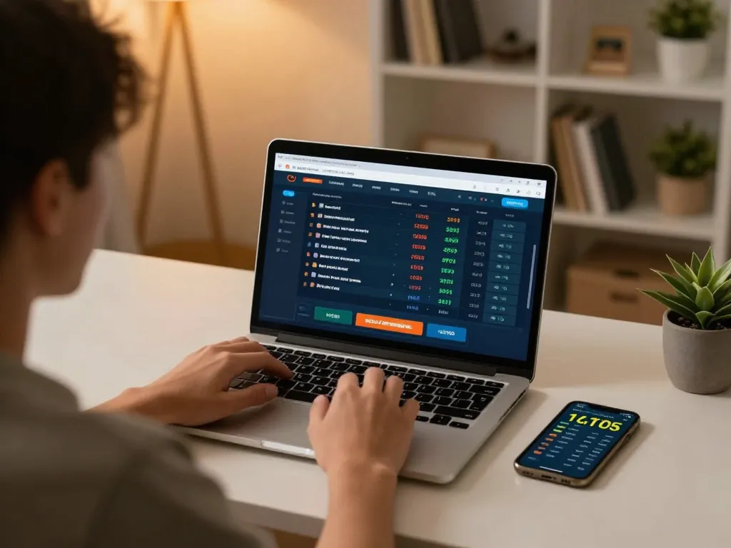 Kèo nhà cái hôm nay featuring a person engaged in sports betting online with a laptop and mobile device in a cozy home setting.
