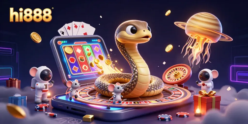 Experience exhilarating hi888 gaming adventures with animated characters in a dynamic cosmic casino scene.