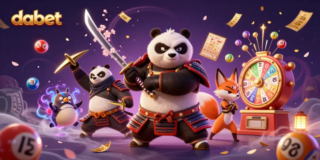 Dabet brings excitement with a samurai panda and ninja fox in a vibrant casino scene filled with lottery elements.