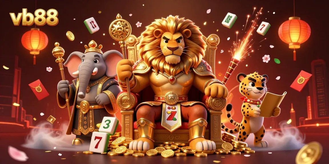 Spin the reels at vb88 and win big with the lion king on his throne in a vibrant casino setting.