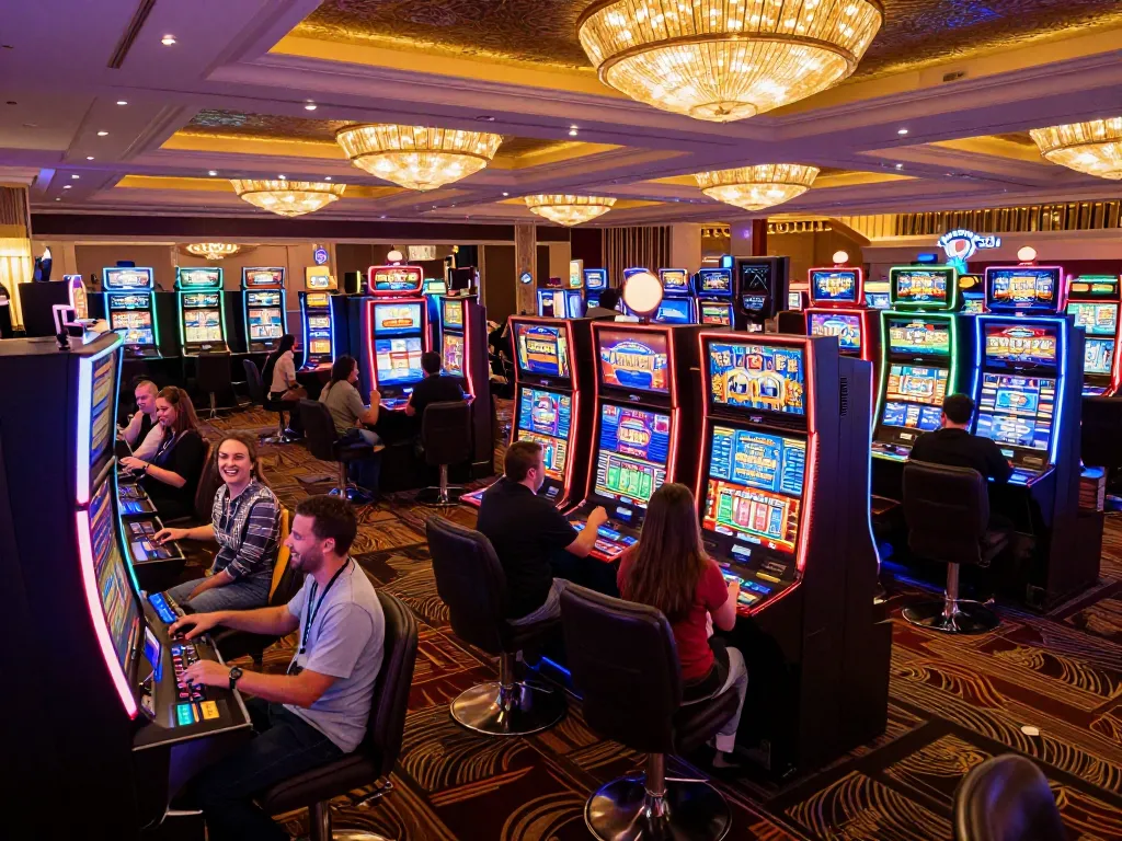 Players enjoying vibrant slot888 games, celebrating wins with excitement and energy in a lively casino atmosphere.