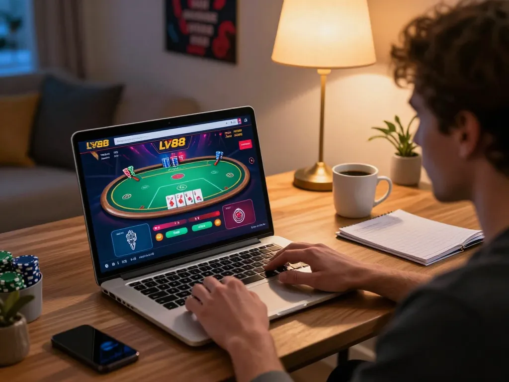 Player engaging with the LV88 casino online, showcasing poker game strategy in a cozy setup.