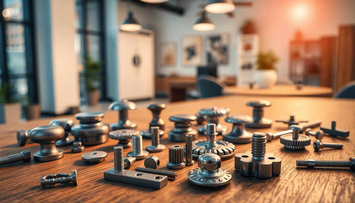 Showcase of furniture hardware manufacturers with modern designs and textures in a stylish workspace.
