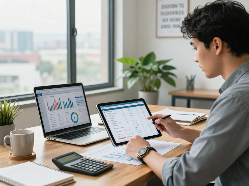 Professional managing personal finance using debet app on tablet at a vibrant office.