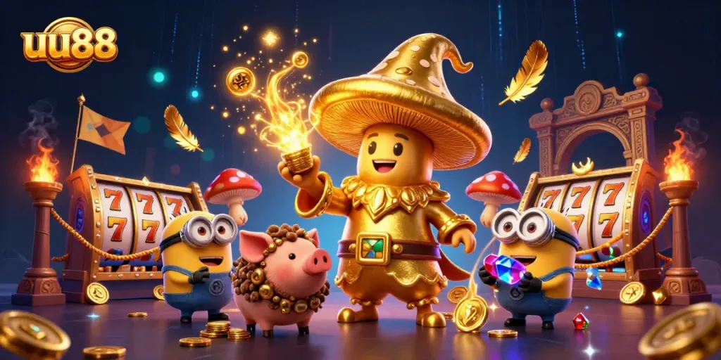 Win golden jackpots with uu88 in this dynamic casino adventure illustration featuring magical characters and vibrant elements.