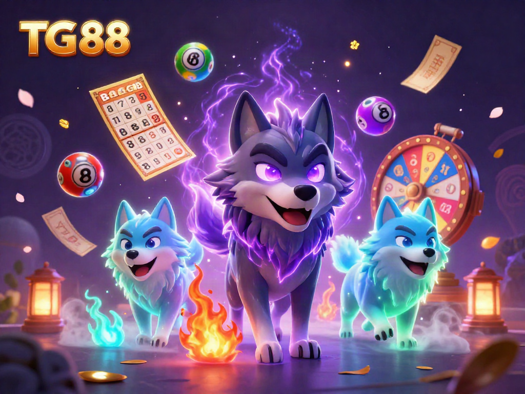 Engage with the dynamic gaming scene of TG 88 featuring glowing wolves amidst vibrant lottery balls and gaming elements.