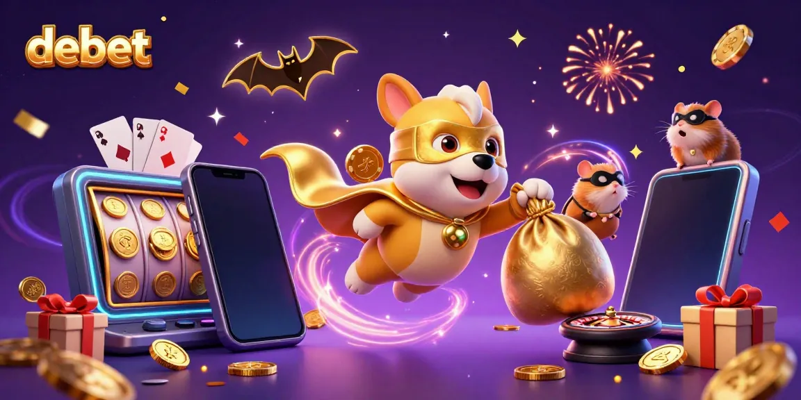 Debet superhero dog carrying gold coins while offering vibrant slot game excitement in a dynamic scene.