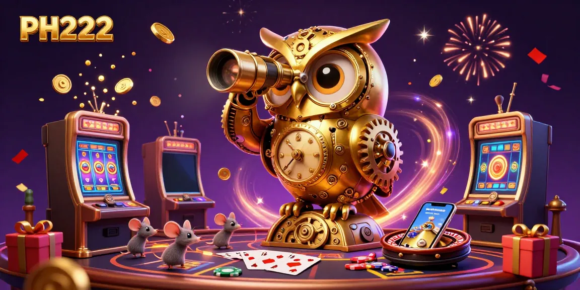 Engage with the vibrant PH222 casino scene filled with animated games, confetti, and a unique golden owl guardian.