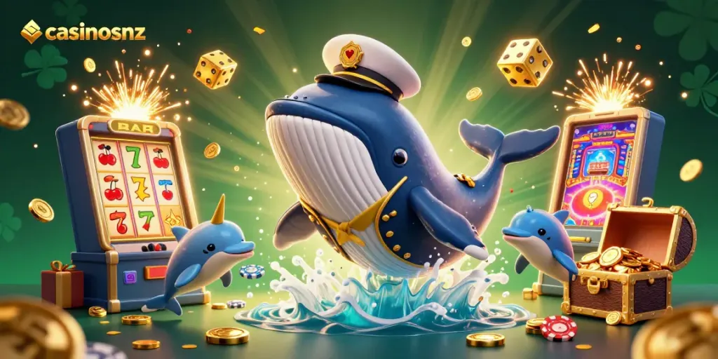 Engage with casinosnz through a vibrant 3D casino scene featuring a whale, narwhal, and dolphins.