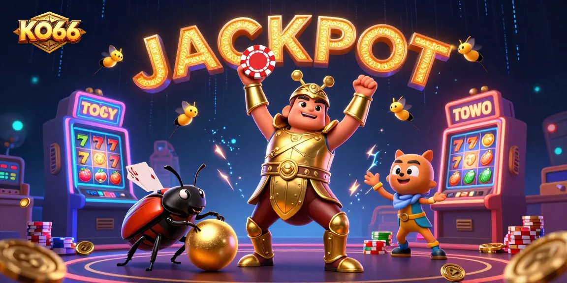 KO66 showcases a victorious beetle with poker chip amidst dazzling slot machines and vibrant casino elements.