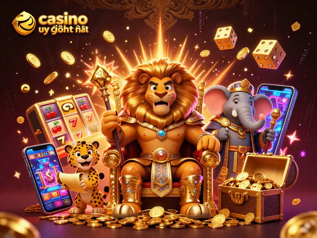 Các biểu tượng casino trực tuyến uy tín nhất bay ra từ máy slot khổng lồ trong bối cảnh sang trọng.