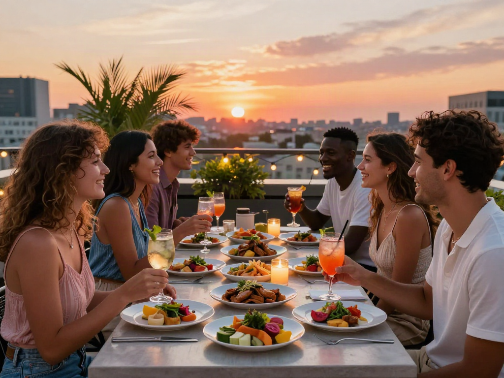 Friends enjoying cocktails and gourmet dishes at NoHu rooftop during sunset.