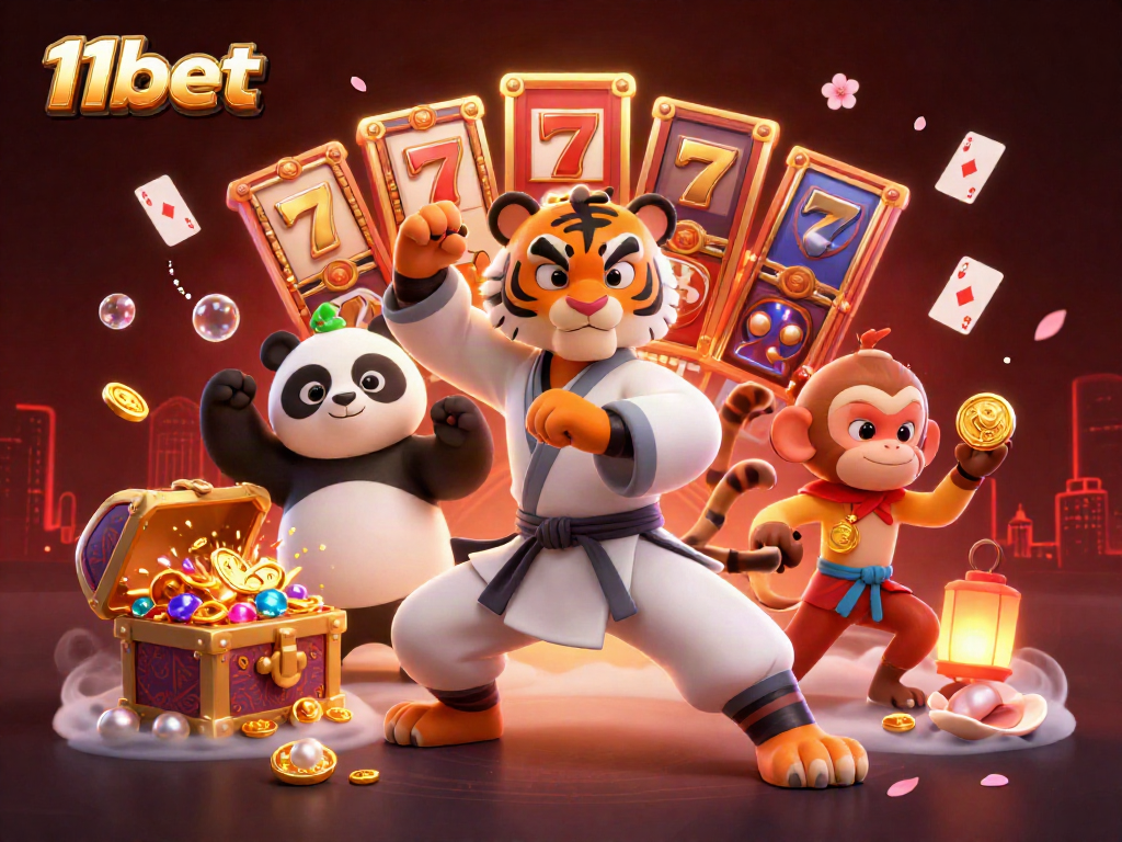 Experience fun with 11bet's vibrant casino features, showcasing a kung fu tiger and friends amidst dynamic game elements.