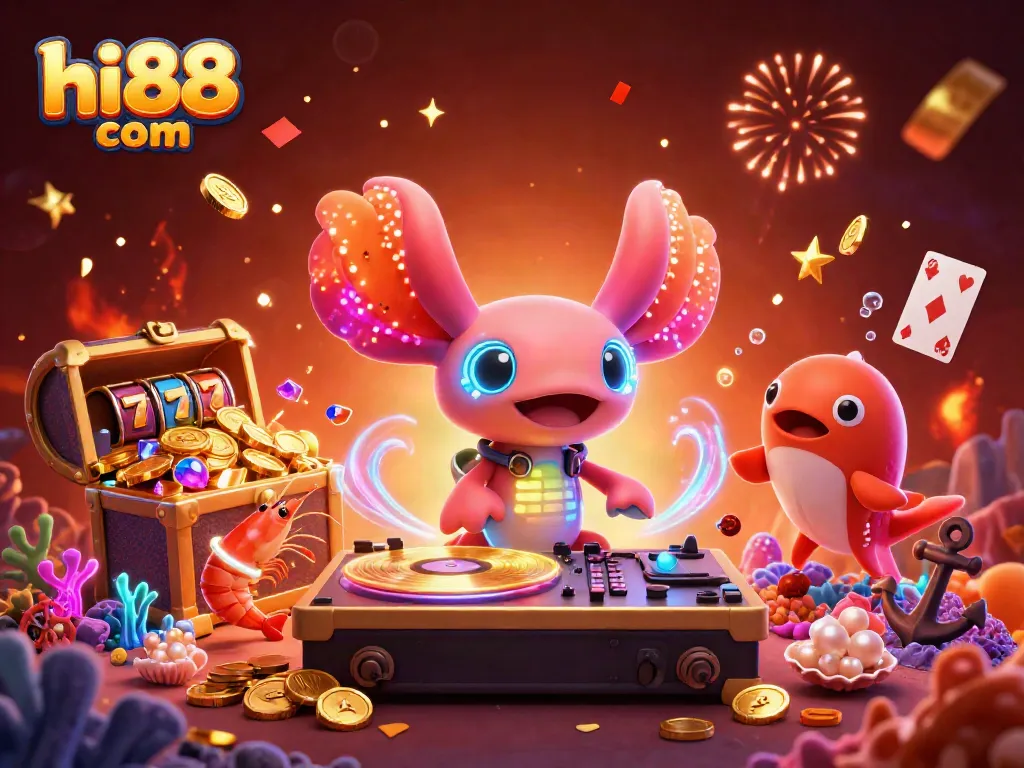 Experience thrills at hi88 com with a vibrant 3D casino scene featuring an axolotl DJ.