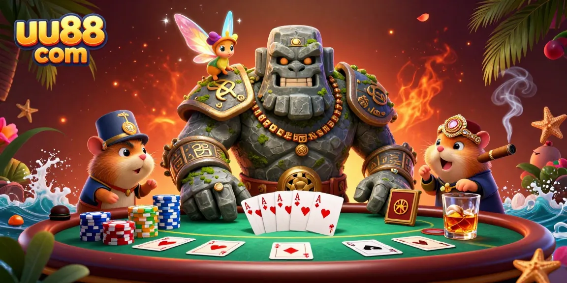 Engage with uu88 com's exciting poker scene featuring whimsical characters and vibrant casino elements.