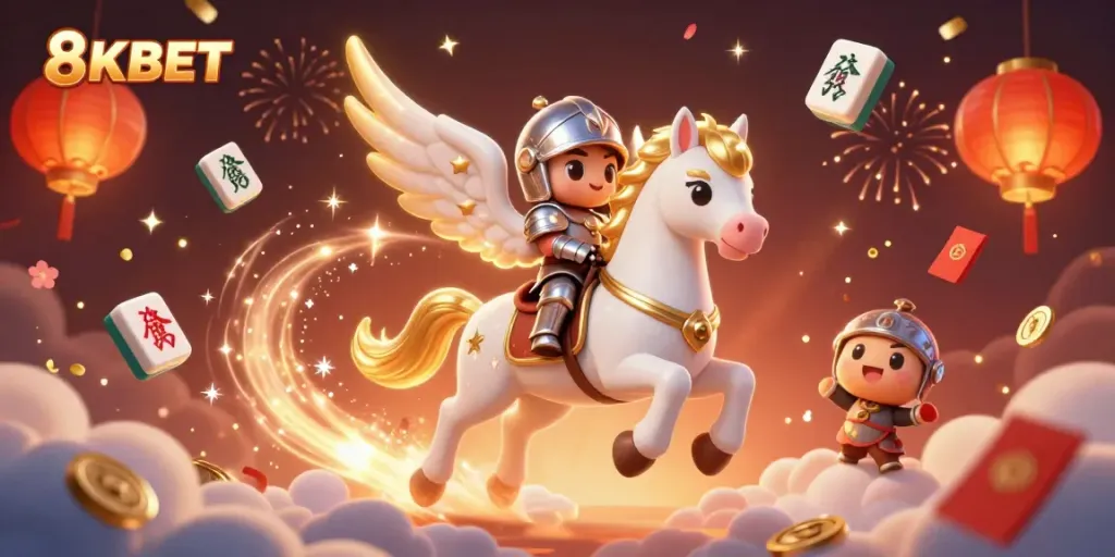 Experience the excitement of 8KBET with dynamic 3D illustration featuring a celestial horse, knight, and casino elements.