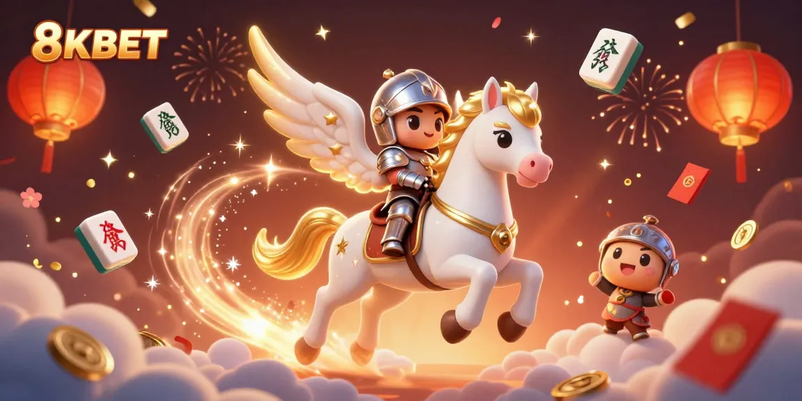 Experience the excitement of 8KBET with dynamic 3D illustration featuring a celestial horse, knight, and casino elements.