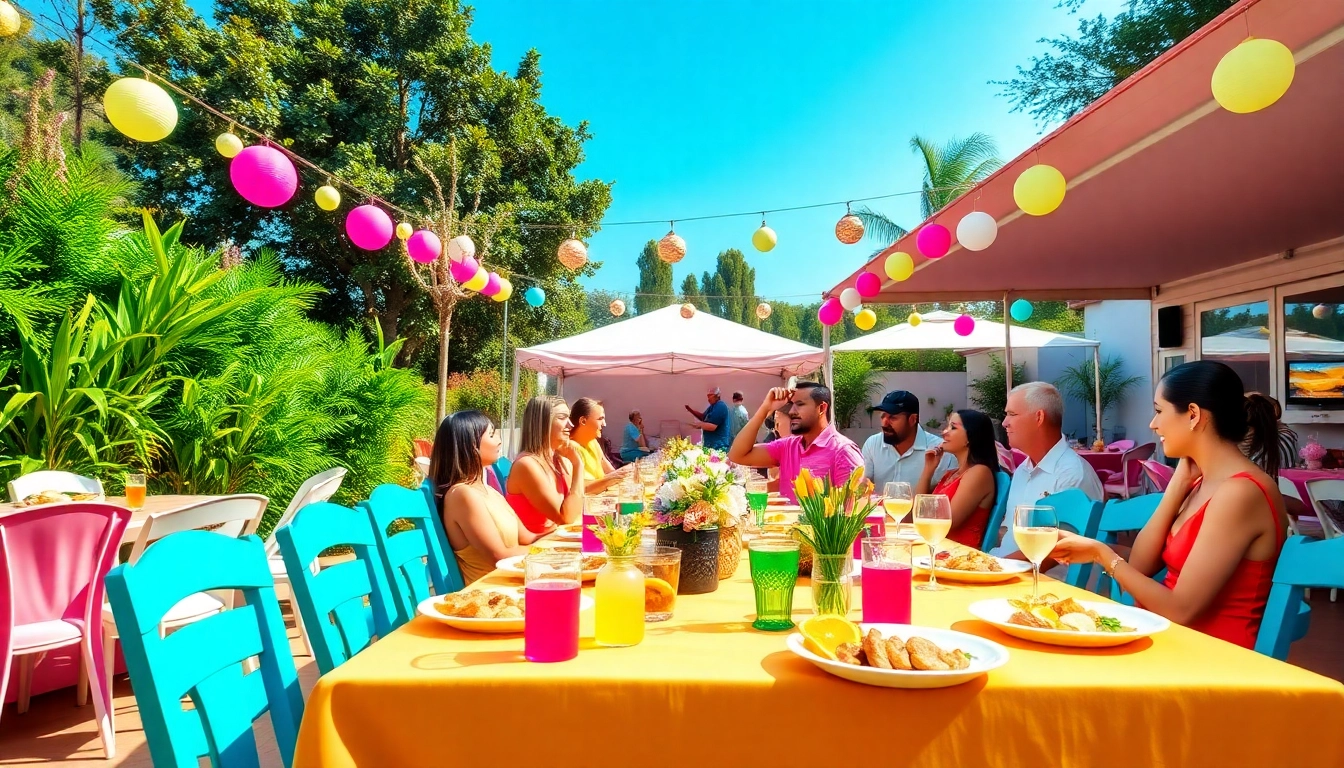Outdoor Party Rentals in a lively outdoor celebration setting with colorful decor and happy guests.