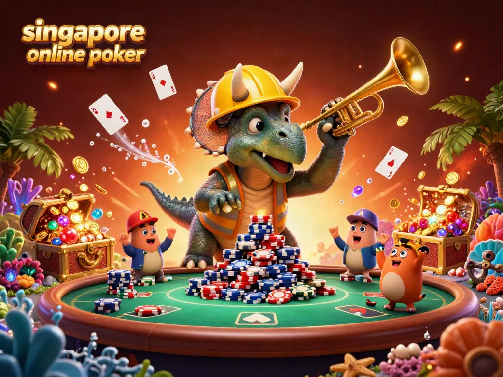 Experience exciting singapore online poker action with vibrant illustrations of poker games and characters celebrating