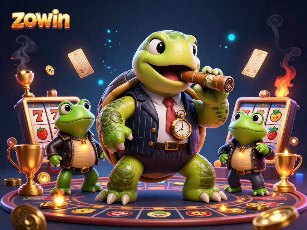 Zowin engages players with a vibrant 3D casino scene featuring a cartoon turtle in a mobster suit.