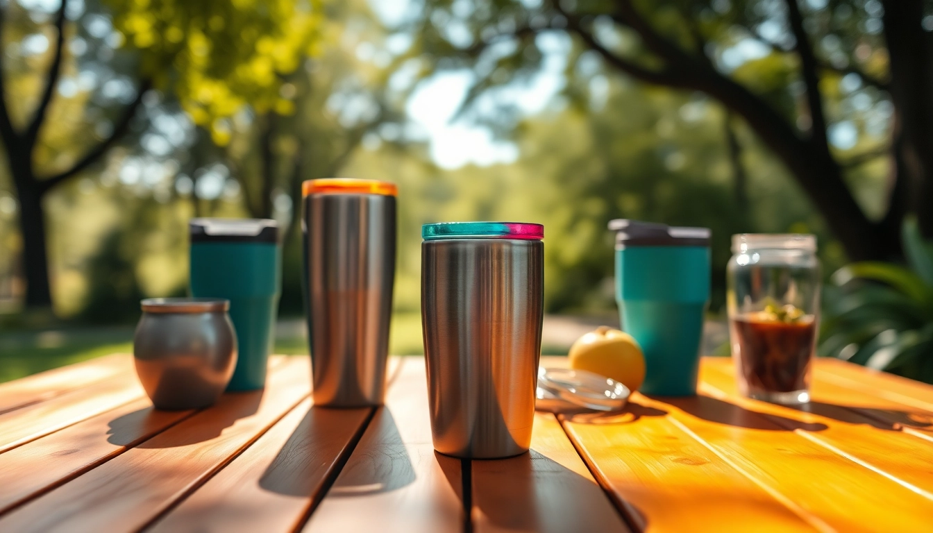 Stylish tumblers on a wooden table showcasing vivid colors and materials.
