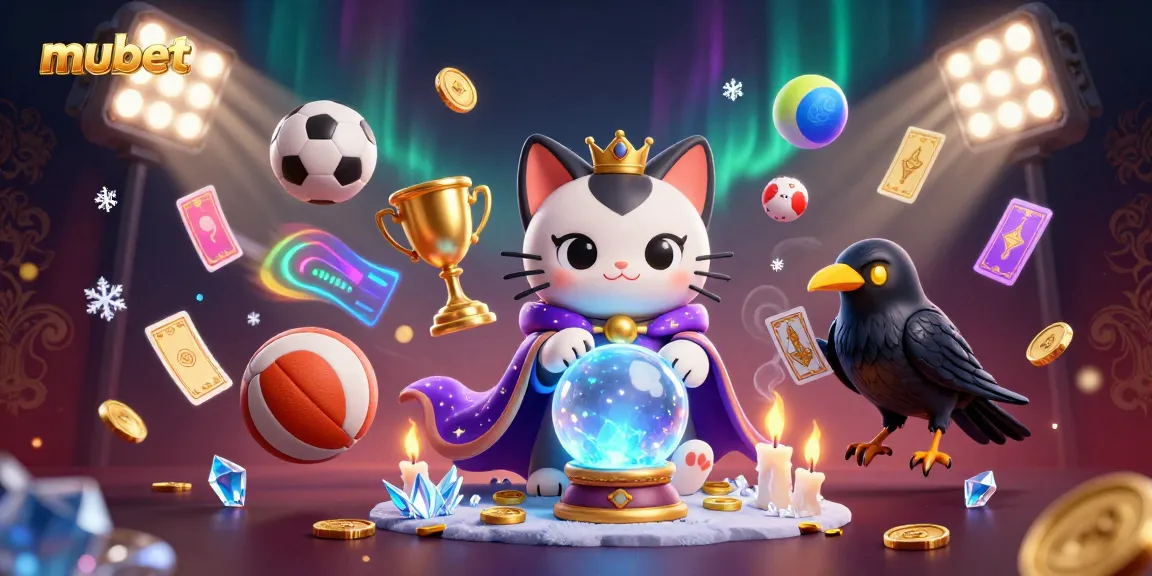Experience thrilling sports betting action with mubet's enchanting scene of fortune tellers and sports elements.