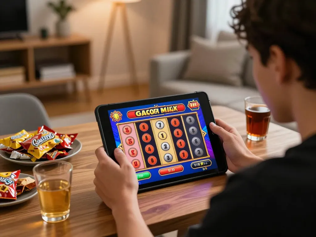 Player enjoying a slot gacor maxwin game on a tablet in a cozy home setting