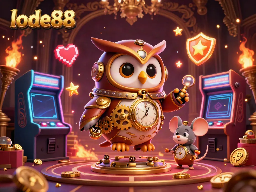 Join the excitement at lode88 with a whimsical 3D illustration showcasing a time-traveling owl and casino elements in a vibrant scene.