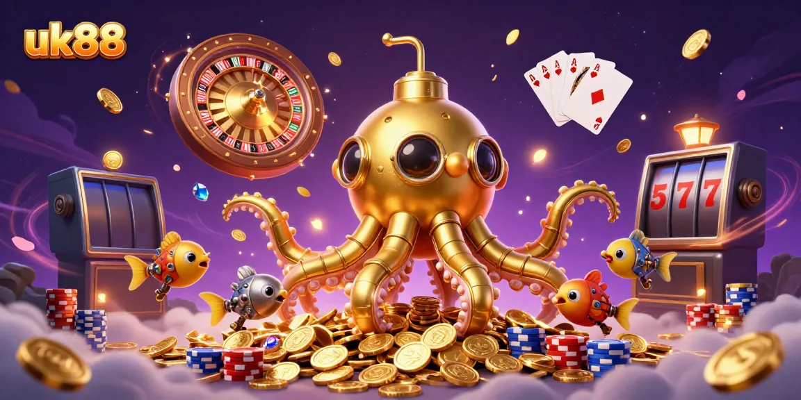 Experience exciting gaming at uk88 with immersive scenes of golden treasures and vibrant casino elements.