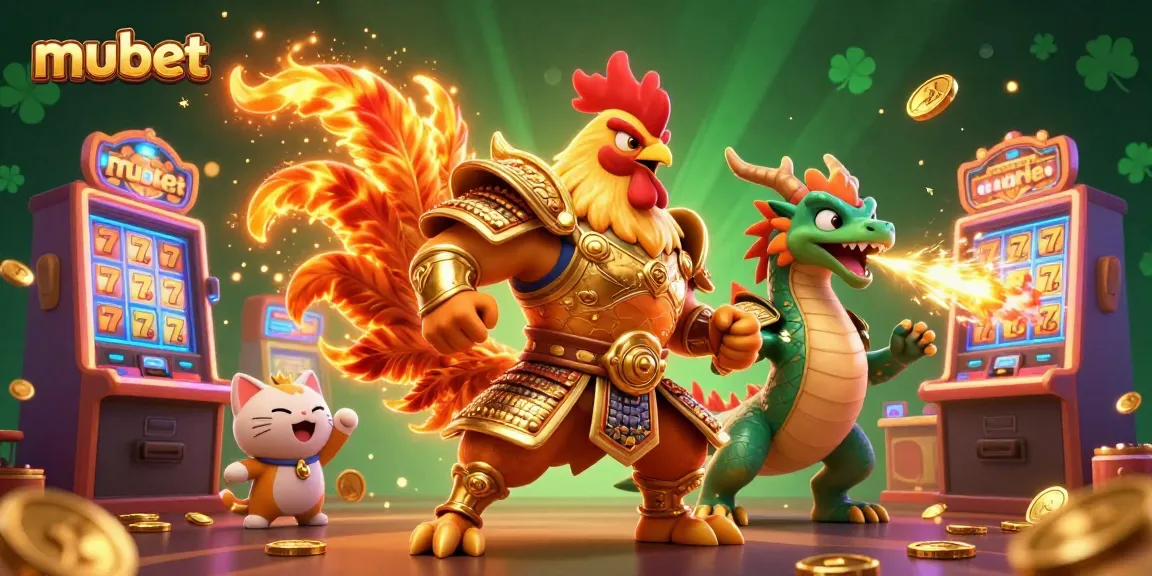 Mubet's colorful casino scene features a fierce rooster warrior and dragon hatchling amidst slot machines.