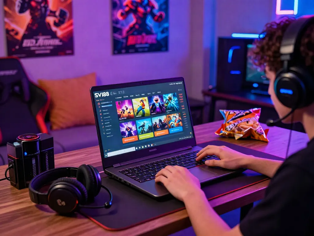 Player enjoying SV88 gaming experience on a vibrant laptop setup with accessories.