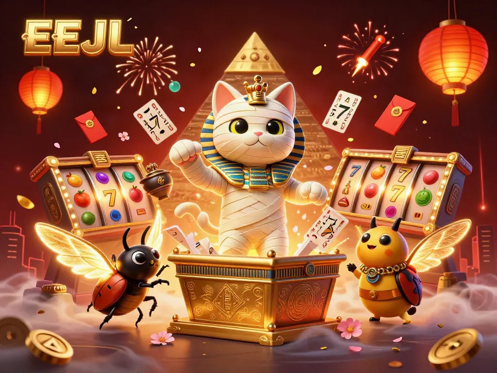 Experience the excitement of EEJL with a lively Egyptian-themed casino scene featuring a mummy cat and vibrant slot elements.