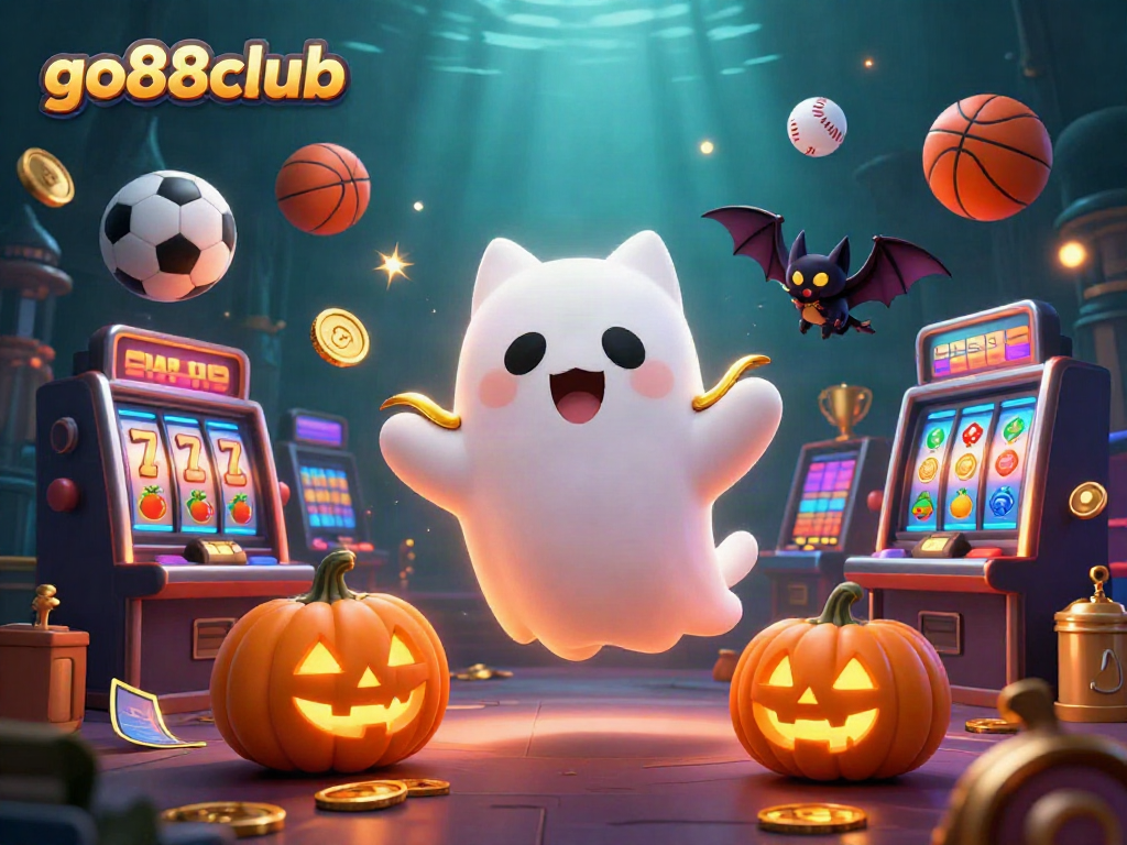 Experience thrilling gameplay with go88club in a haunted casino mansion illustration featuring ghostly characters.