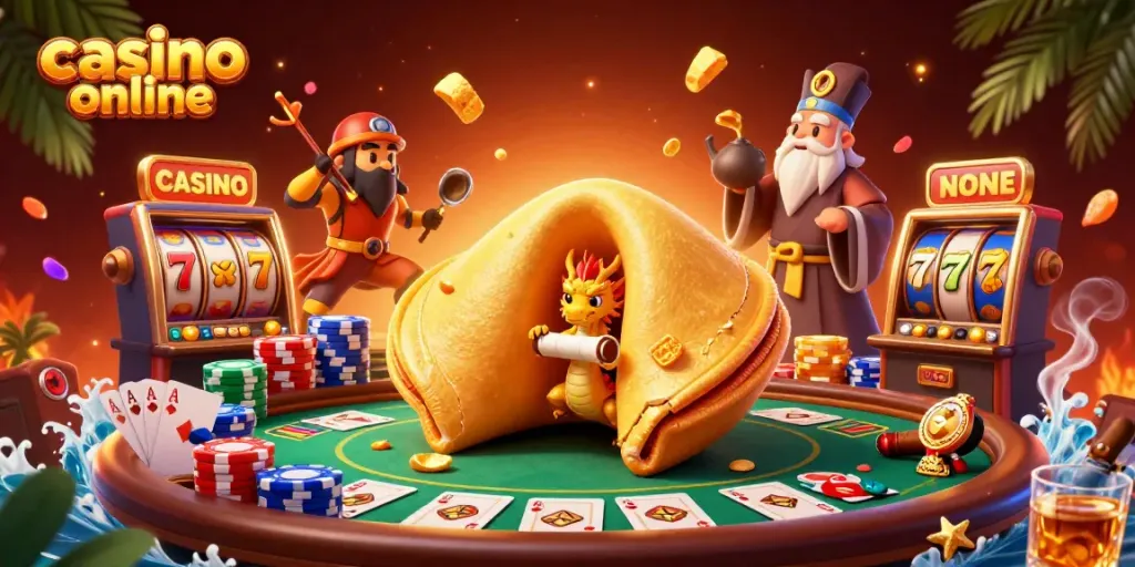 Disfruta de la experiencia de casino online con un dragón sabio y una galleta de la fortuna mágica.