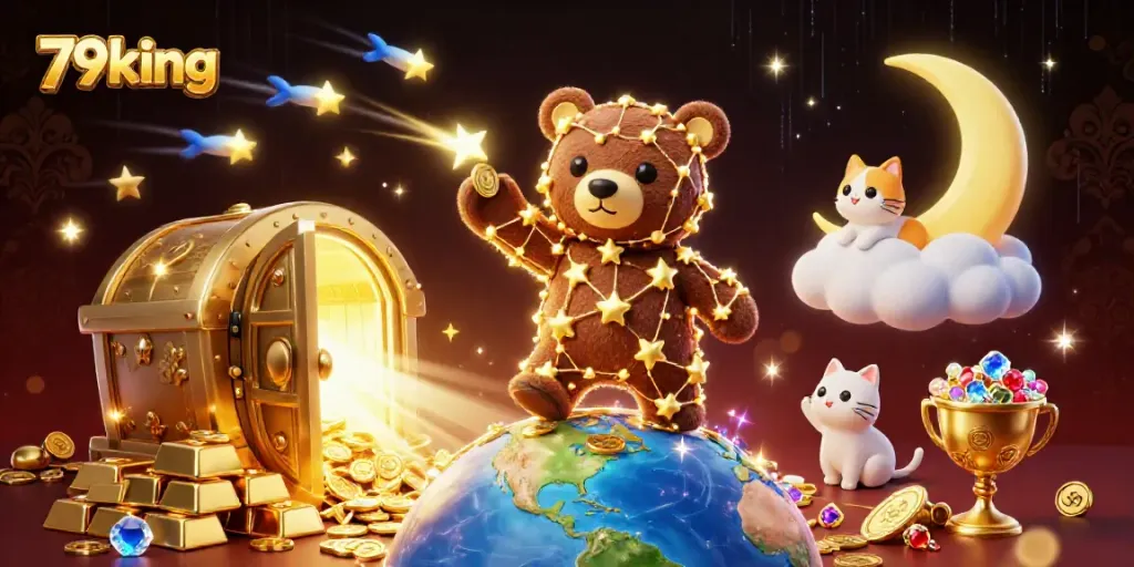 79king brings excitement alive as a constellation bear scoops coins with vibrant treasures in a night sky.