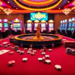 Players enjoying a thrilling U8888 experience at an upscale casino table with poker chips and a roulette wheel.