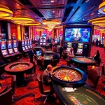 Experience the excitement of free credit 918kiss at a vibrant casino scene filled with players and gaming tables.