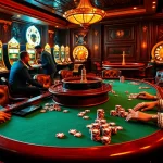 Players enjoy high-stakes poker action at a luxurious casino, showcasing CM88-themed poker chips and glamor.