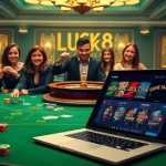Experience the thrill of Game LUCK8 at a vibrant casino scene with poker and roulette.