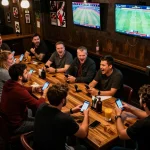 Sports betting excitement at NHÀ CÁI F168, customers actively engaging on smartphones during a live game.